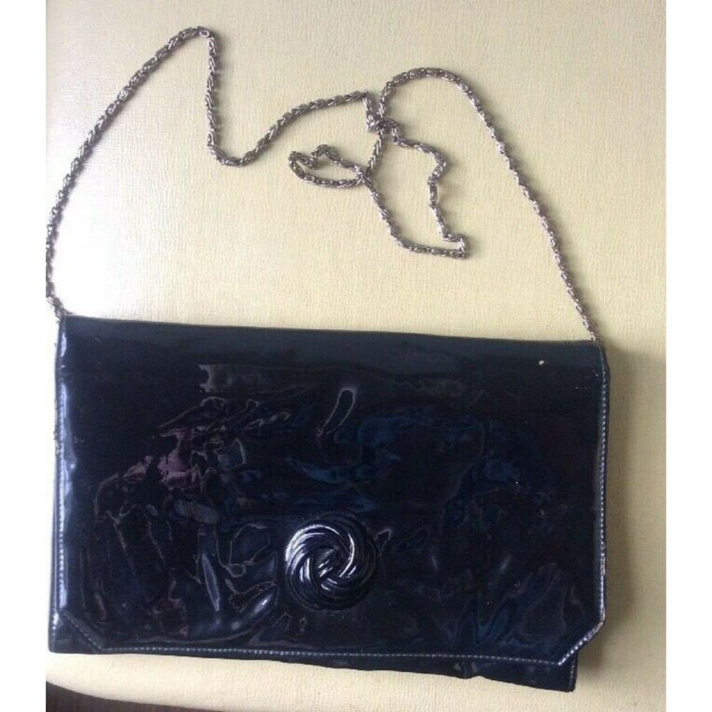 Vintage Black Shiny Patent Clutch Purse Gold Tone Chain flower clasp